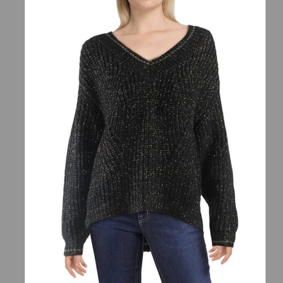John + Jenn Black and Gold Metallic V-Neck Sweater - Picture 1 of 12